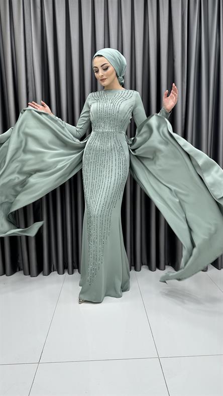 5060 F - Şeritli Boncuk İşlemeli ve Ek Parça Etek Detaylı Saten Abiye Elbise-Mint