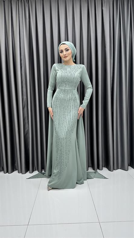 5060 F - Şeritli Boncuk İşlemeli ve Ek Parça Etek Detaylı Saten Abiye Elbise-Mint