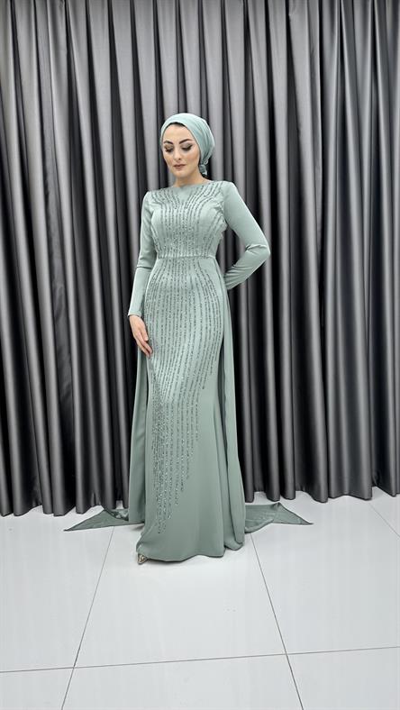 5060 F - Şeritli Boncuk İşlemeli ve Ek Parça Etek Detaylı Saten Abiye Elbise-Mint