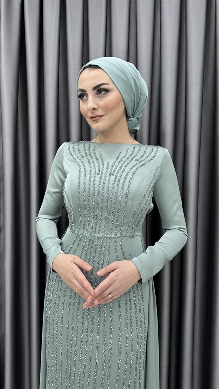 5060 F - Şeritli Boncuk İşlemeli ve Ek Parça Etek Detaylı Saten Abiye Elbise-Mint