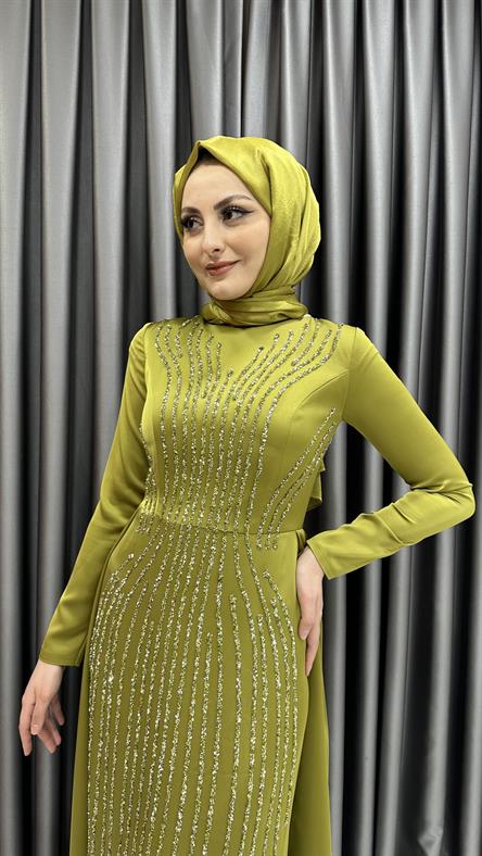 5060 F - Şeritli Boncuk İşlemeli ve Ek Parça Etek Detaylı Saten Abiye Elbise-Yağ Yeşili