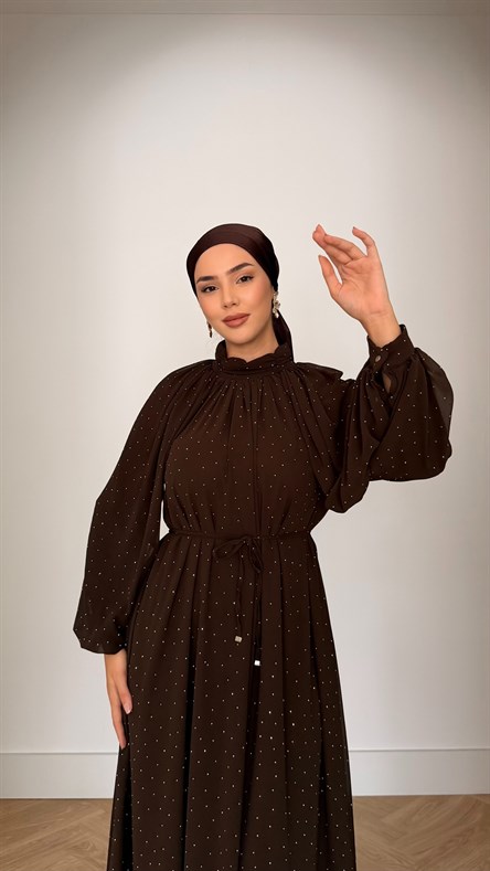 5146 W Taşlı Elbise-Kahve Rengi