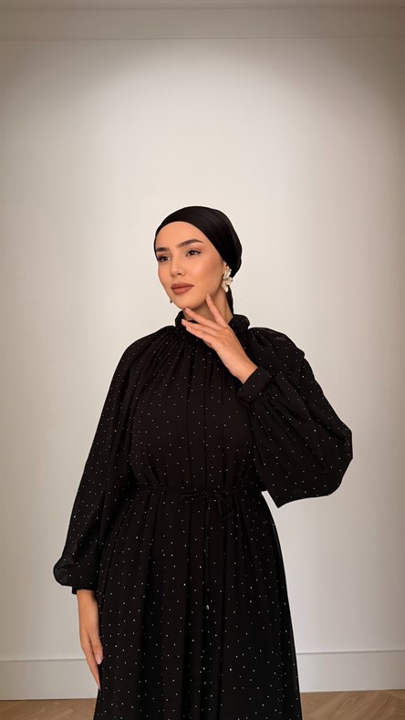5146 W Taşlı Elbise-Siyah