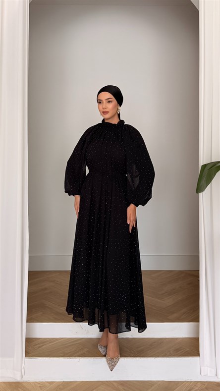 5146 W Taşlı Elbise-Siyah