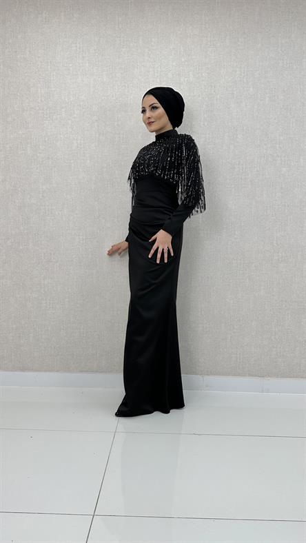 5210 F - Boncuklu Püskül Detaylı Belden Drapeli Saten Abiye Elbise-Siyah