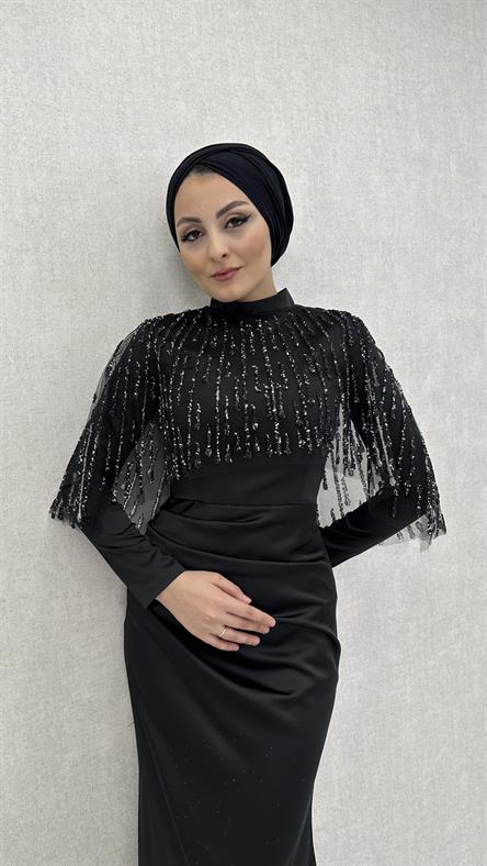 5210 F - Boncuklu Püskül Detaylı Belden Drapeli Saten Abiye Elbise-Siyah
