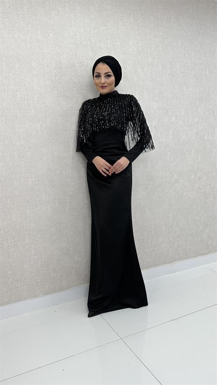 5210 F - Boncuklu Püskül Detaylı Belden Drapeli Saten Abiye Elbise-Siyah