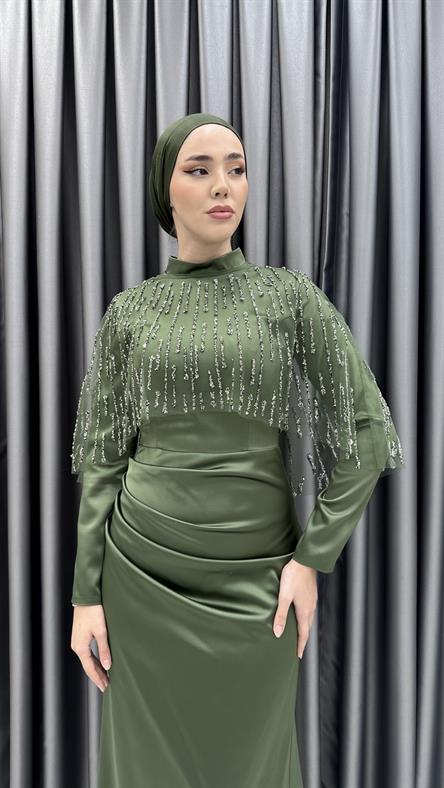 5210 F - Boncuklu Püskül Detaylı Belden Drapeli Saten Abiye Elbise-Yeşil