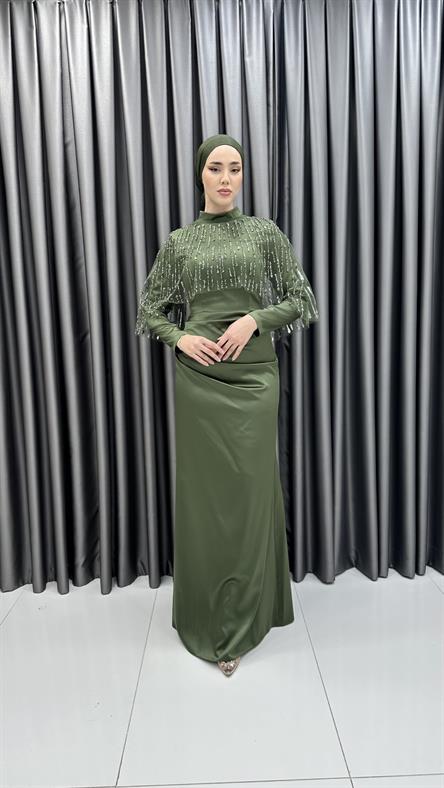 5210 F - Boncuklu Püskül Detaylı Belden Drapeli Saten Abiye Elbise-Yeşil