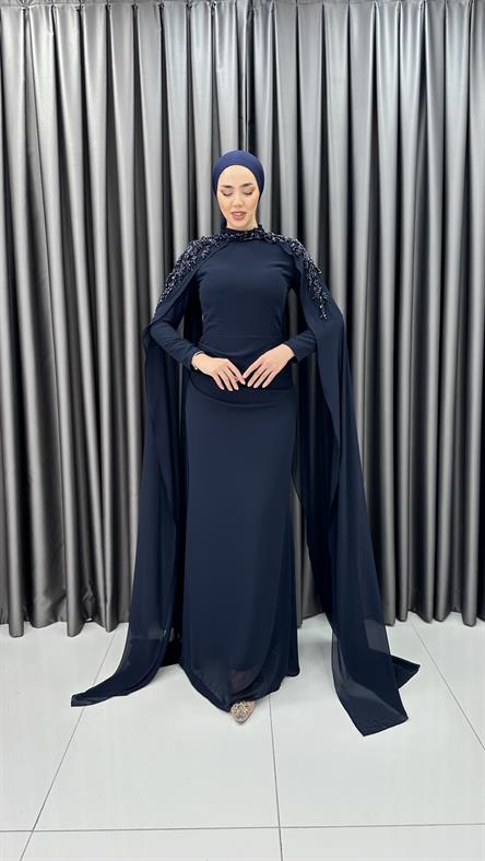 5290 F - FARGİLE İncili Pelerin Kol Detaylı Şifon Abiye Elbise-Lacivert