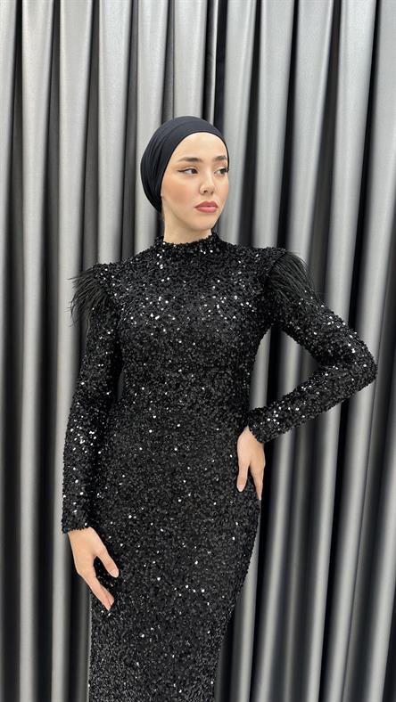 5500 F - BUKET Omuzları Tüy Detaylı Balık Kesim Pul Payet Abiye Elbise-Siyah