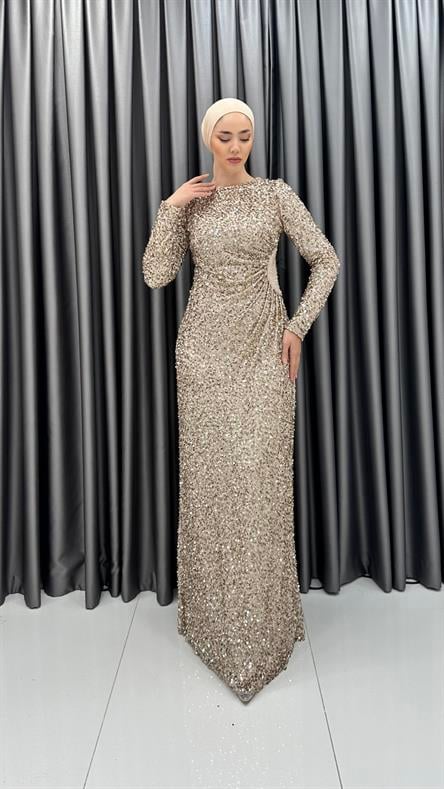 5580 F - MİRAY Hafif Bel Drapeli Pul Payet Abiye Elbise-Gold Rengi