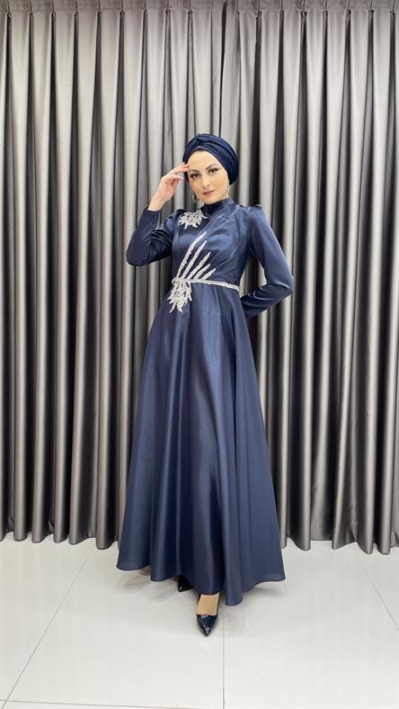 564 G - Tek Omuzda ve Belde İşleme Detaylı Tafta Abiye Elbise-Lacivert