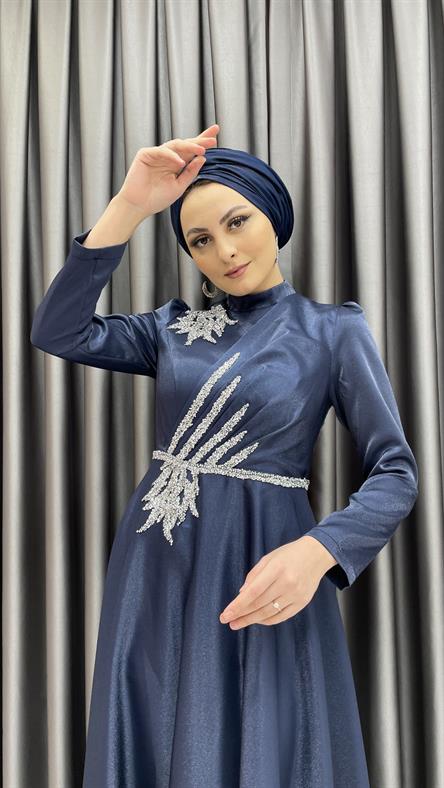 564 G - Tek Omuzda ve Belde İşleme Detaylı Tafta Abiye Elbise-Lacivert
