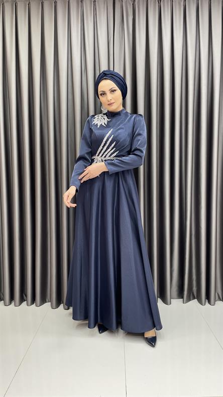 564 G - Tek Omuzda ve Belde İşleme Detaylı Tafta Abiye Elbise-Lacivert