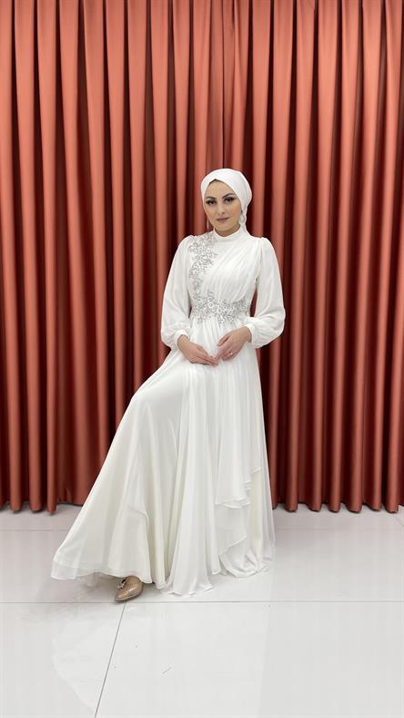597 G - Karpuz Kollu ve Taş İşlemeli Pilili Şifon Abiye Elbise-Ekru