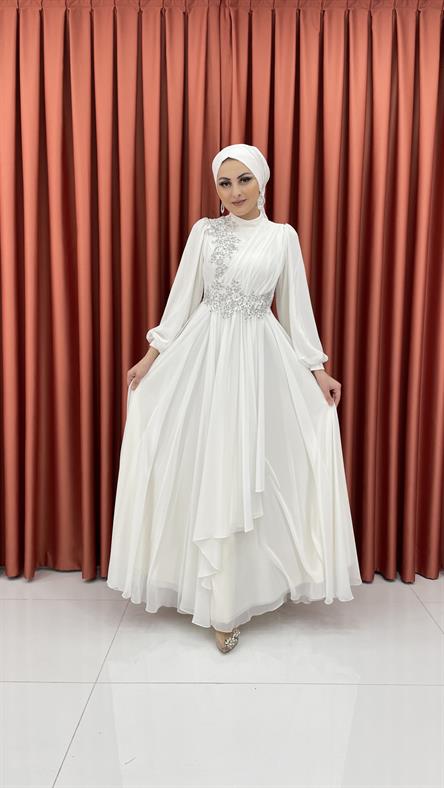 597 G - Karpuz Kollu ve Taş İşlemeli Pilili Şifon Abiye Elbise-Ekru