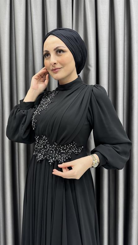 597 G - Karpuz Kollu ve Taş İşlemeli Pilili Şifon Abiye Elbise-Siyah