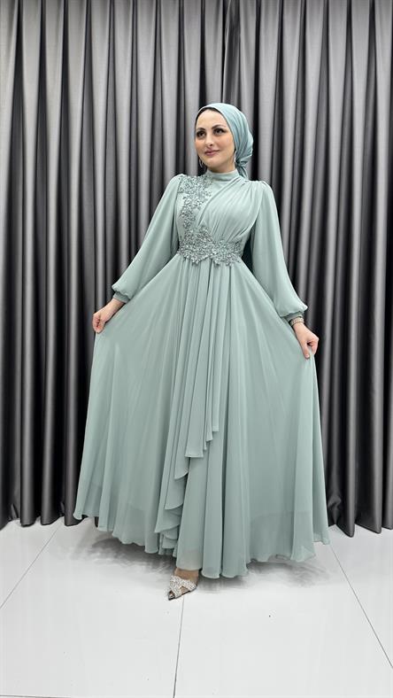 597 G - Karpuz Kollu ve Taş İşlemeli Pilili Şifon Abiye Elbise-Mint