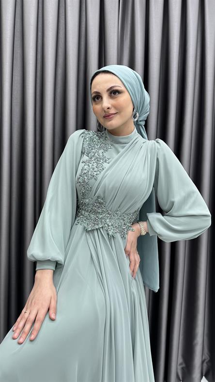 597 G - Karpuz Kollu ve Taş İşlemeli Pilili Şifon Abiye Elbise-Mint