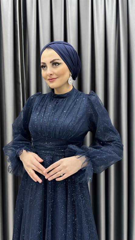 652 G - Balon Kollu Prenses Model Simli Tül Abiye Elbise -Lacivert