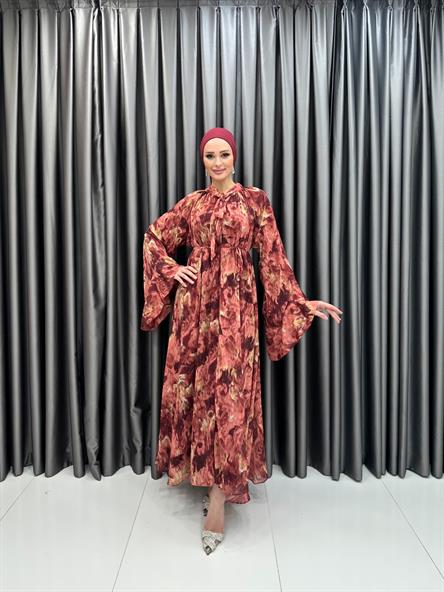 6540 A Volanlı Elbise-Bordo