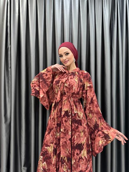 6540 A Volanlı Elbise-Bordo