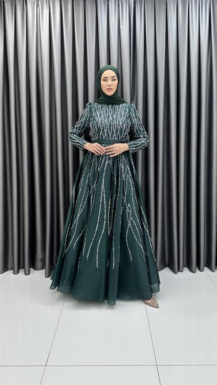657 - ASİ Taş İşlemeli Çan Etek Kesim Tafta Abiye Elbise-Zümrüt
