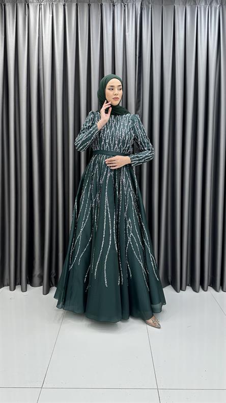 657 - ASİ Taş İşlemeli Çan Etek Kesim Tafta Abiye Elbise-Zümrüt