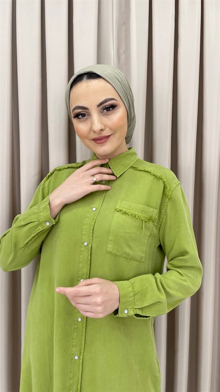 6764 M  -  Püskül Detaylı Gömlek Tunik-Yeşil