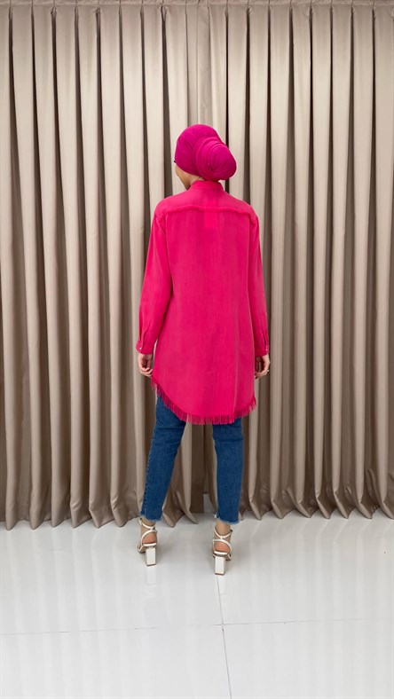 6764 M  -  Püskül Detaylı Gömlek Tunik-Fuşya