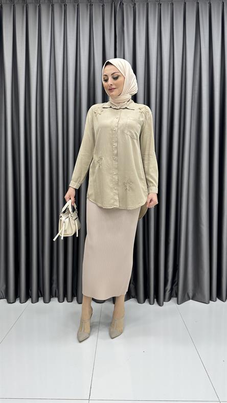 6846 M - Yıldız Motifli Likrasız Bayan Keten Tunik Gömlek-Vizon