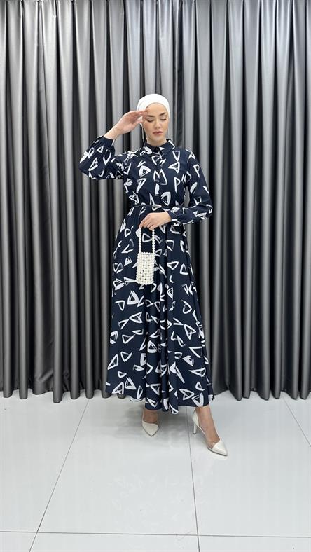 70063-08 F - Kemer ve Gömlek Yaka Detaylı Polyester Bayan Elbise-Lacivert