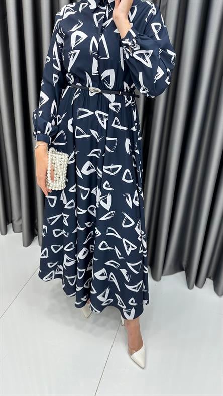 70063-08 F - Kemer ve Gömlek Yaka Detaylı Polyester Bayan Elbise-Lacivert