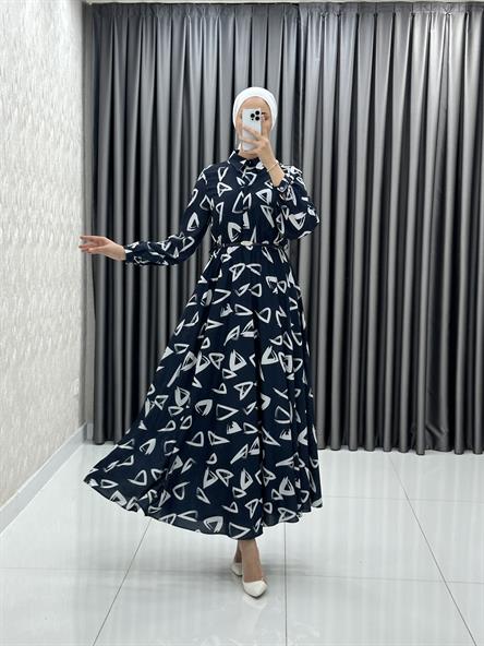 70063-08 F - Kemer ve Gömlek Yaka Detaylı Polyester Bayan Elbise-Lacivert