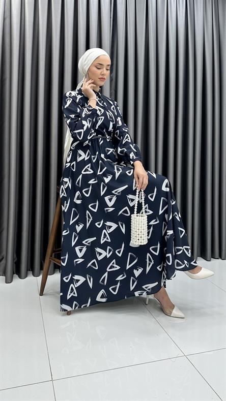 70063-08 F - Kemer ve Gömlek Yaka Detaylı Polyester Bayan Elbise-Lacivert