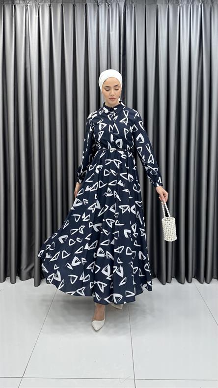 70063-08 F - Kemer ve Gömlek Yaka Detaylı Polyester Bayan Elbise-Lacivert