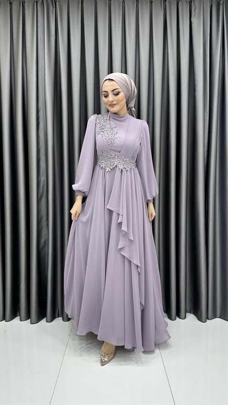 704 G - İşleme ve Balon Kol Detaylı Pileli Şifon Abiye Elbise-Lila