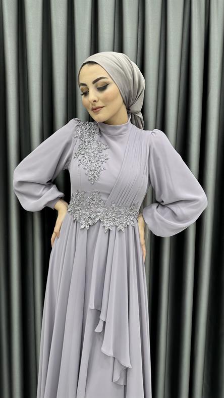 704 G - İşleme ve Balon Kol Detaylı Pileli Şifon Abiye Elbise-Lila