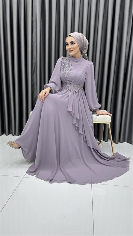 704 G - İşleme ve Balon Kol Detaylı Pileli Şifon Abiye Elbise-Lila