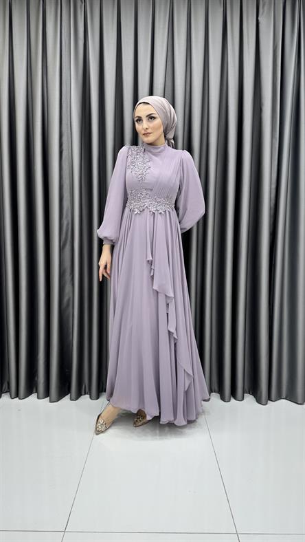 704 G - İşleme ve Balon Kol Detaylı Pileli Şifon Abiye Elbise-Lila