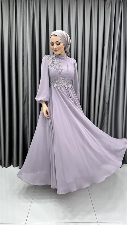 704 G - İşleme ve Balon Kol Detaylı Pileli Şifon Abiye Elbise-Lila