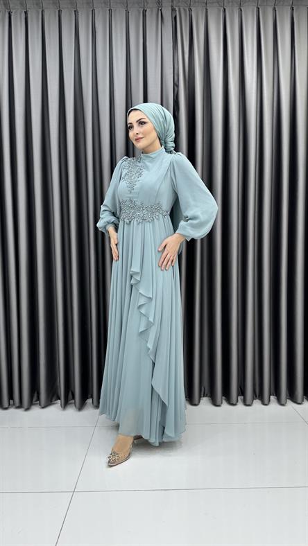 704 G - İşleme ve Balon Kol Detaylı Pileli Şifon Abiye Elbise-Mint