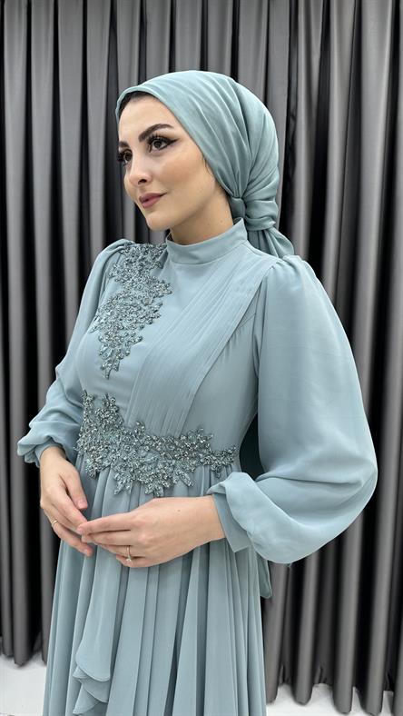 704 G - İşleme ve Balon Kol Detaylı Pileli Şifon Abiye Elbise-Mint