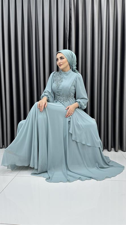 704 G - İşleme ve Balon Kol Detaylı Pileli Şifon Abiye Elbise-Mint