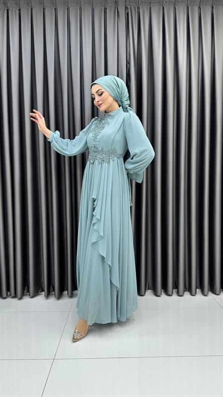 704 G - İşleme ve Balon Kol Detaylı Pileli Şifon Abiye Elbise-Mint