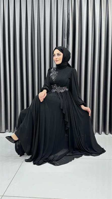 704 G - İşleme ve Balon Kol Detaylı Pileli Şifon Abiye Elbise-Siyah