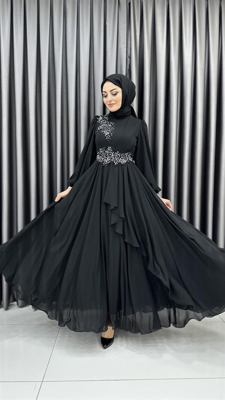 704 G - İşleme ve Balon Kol Detaylı Pileli Şifon Abiye Elbise-Siyah