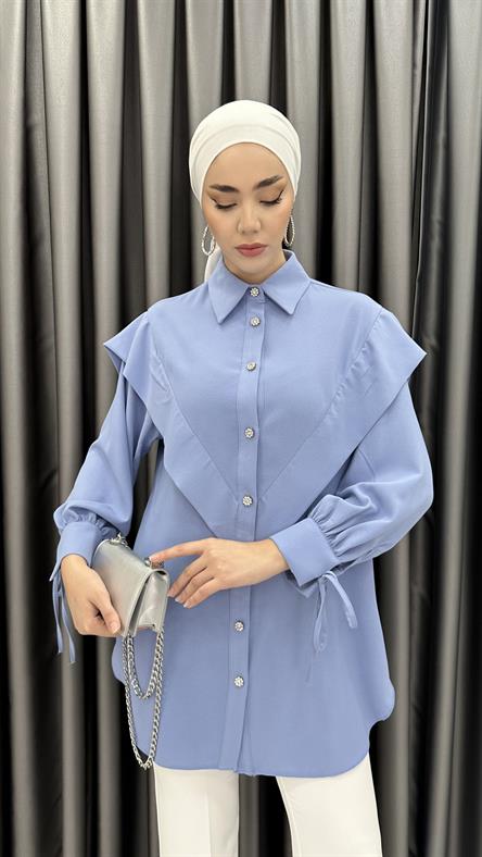 7100 L - V Kesim ve Bilekten Bağlama Detaylı Tensel Bayan Tunik-Mavi