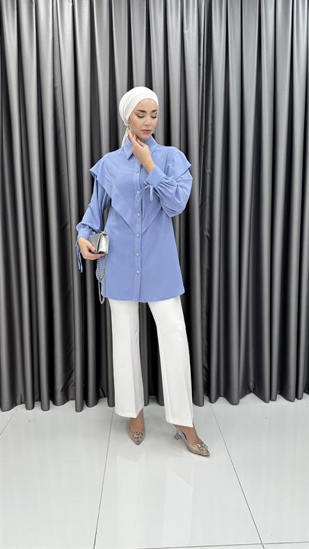 7100 L - V Kesim ve Bilekten Bağlama Detaylı Tensel Bayan Tunik-Mavi